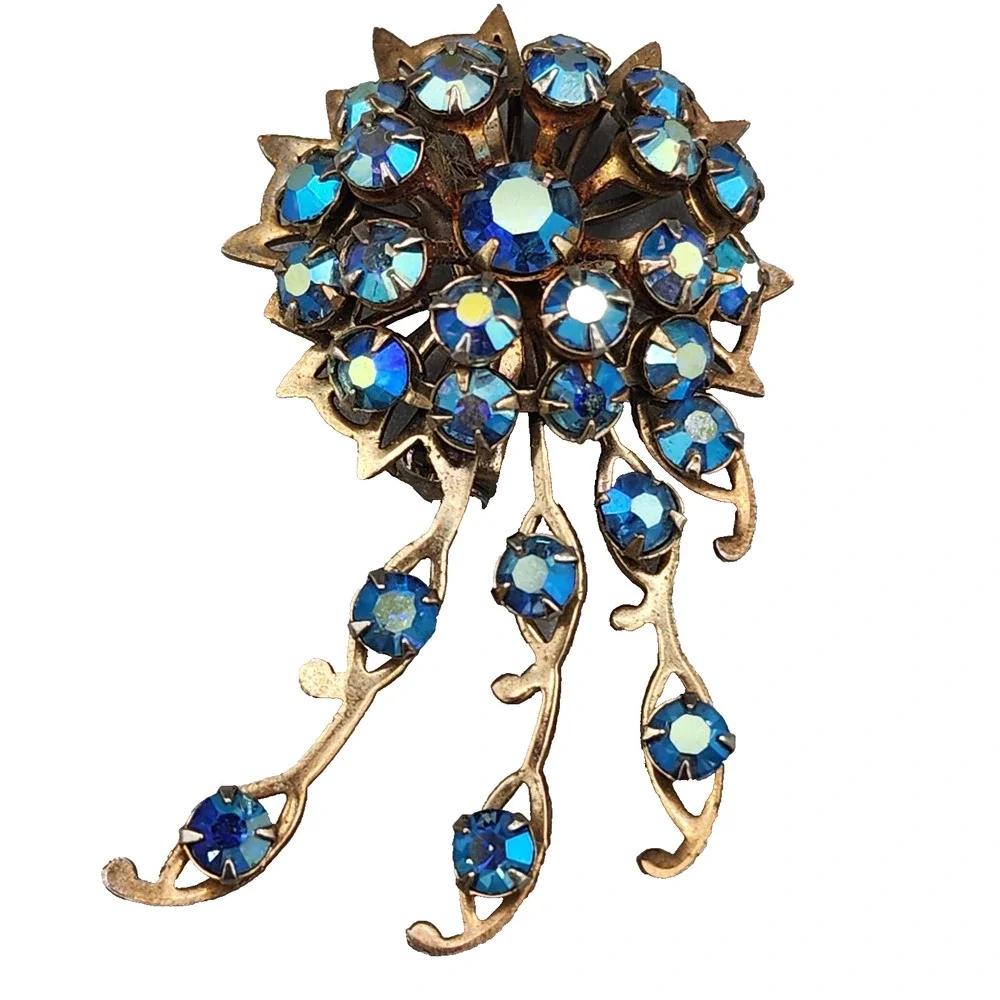 Vintage Lapel Brooch Pin Triple Layer Blue Rhinestone Crystal Flower Gold Tone